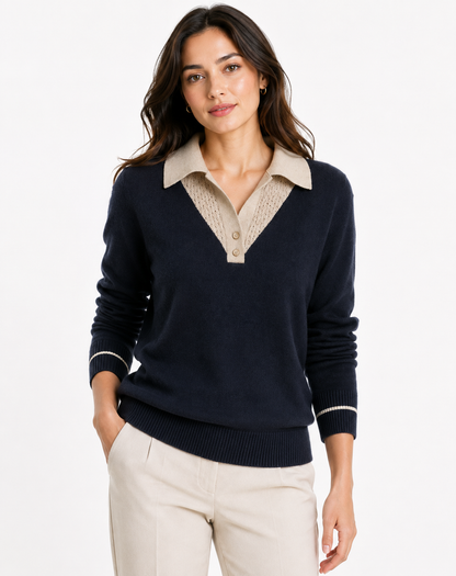 Women's Patchwork V-Neck Merino Wool Pullover Sweater