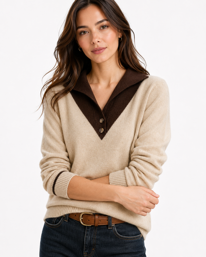 Women's Patchwork V-Neck Merino Wool Pullover Sweater