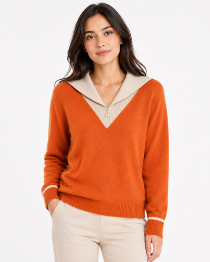 Women's Patchwork V-Neck Merino Wool Pullover Sweater
