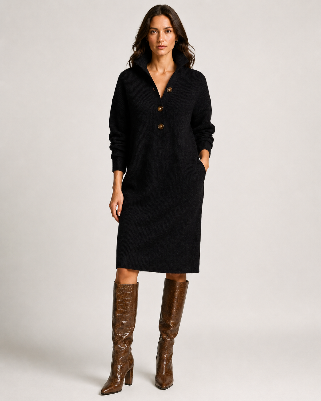 Women's Ribbed Knit Sweater Dress with Collared Neckline