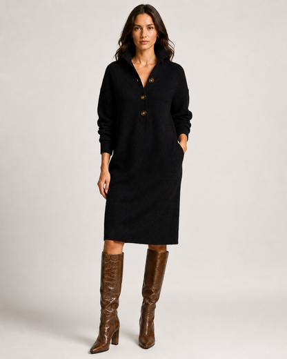 Women's Ribbed Knit Sweater Dress with Collared Neckline