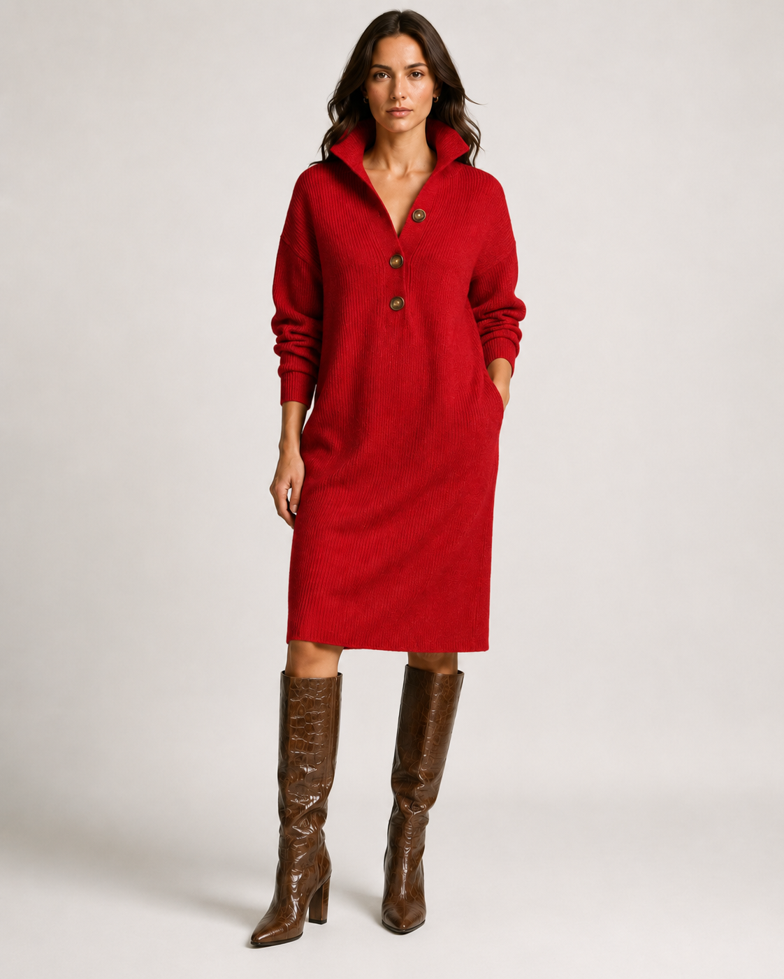 Women's Ribbed Knit Sweater Dress with Collared Neckline