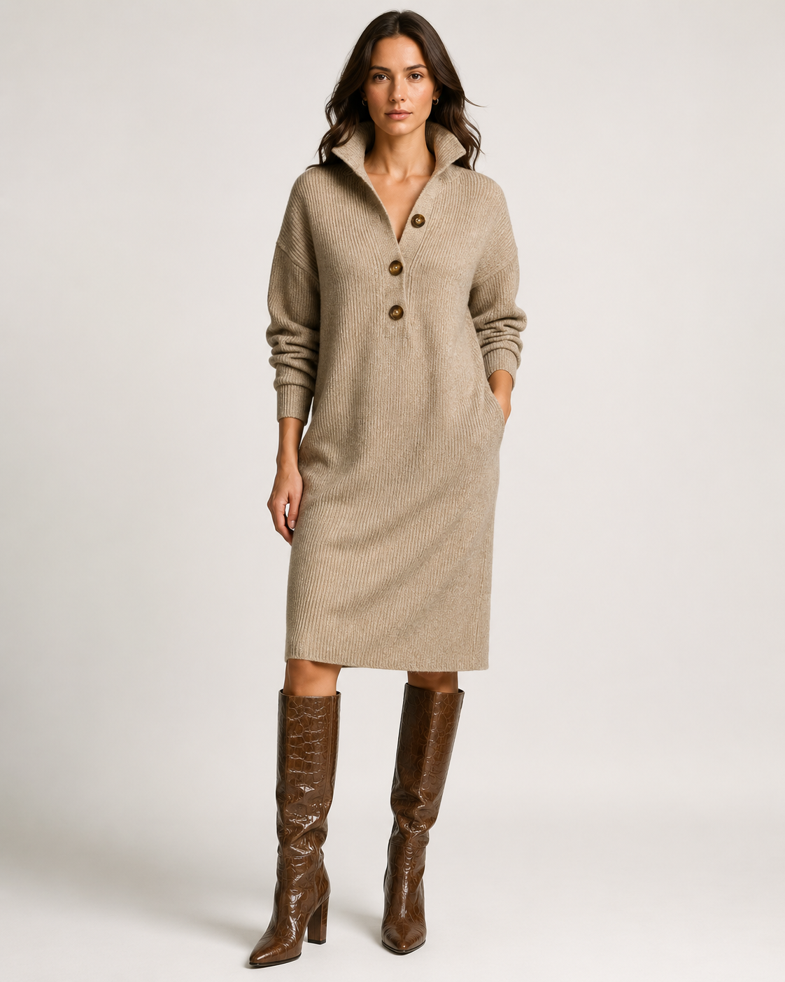 Women's Ribbed Knit Sweater Dress with Collared Neckline