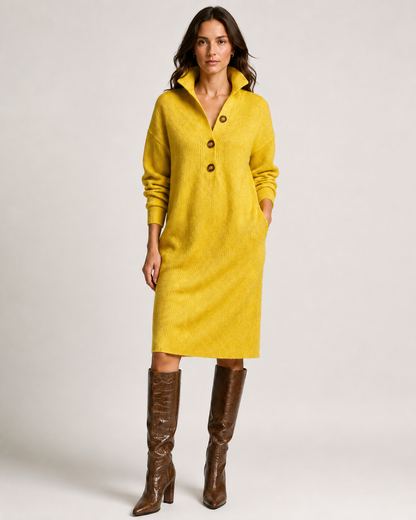 Women's Ribbed Knit Sweater Dress with Collared Neckline