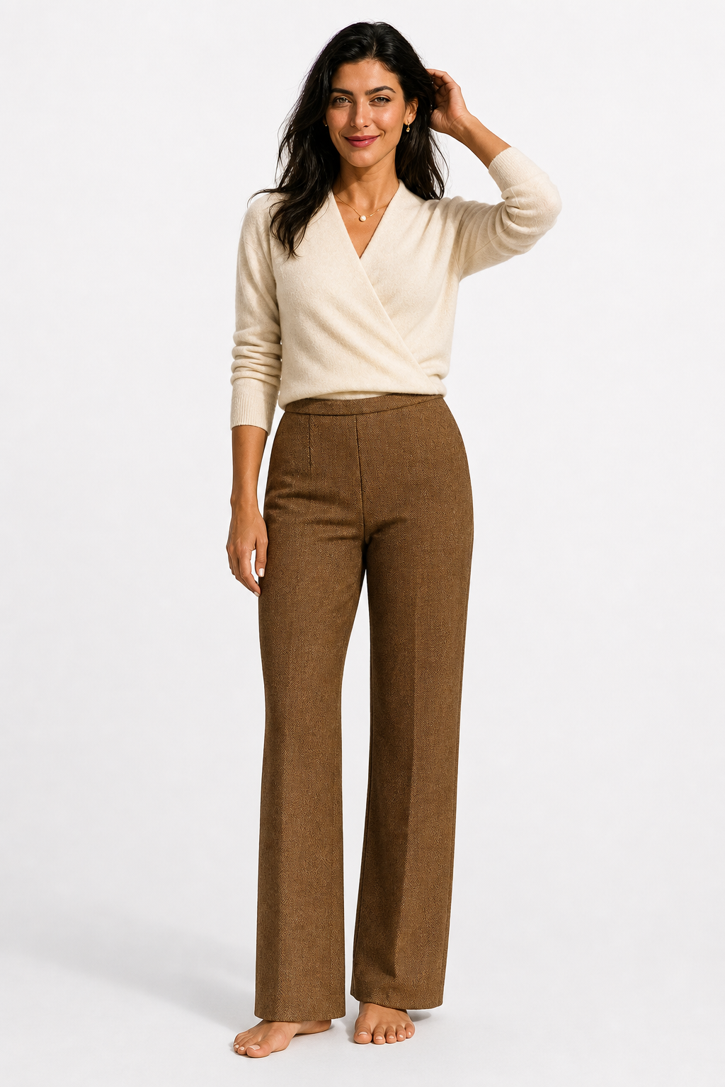 Women's V-Neck Wrap Knit Cashmere Sweater – Beige