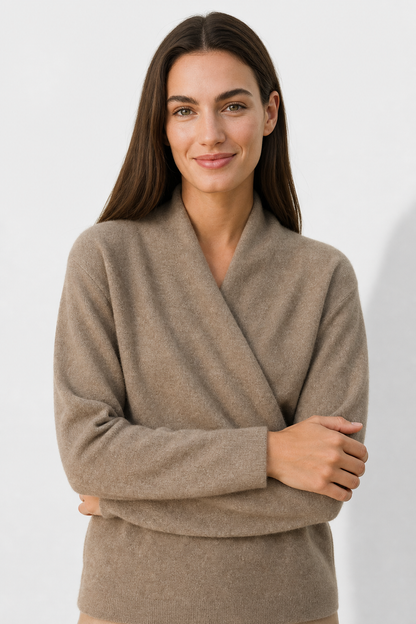 Women's V-Neck Wrap Knit Cashmere Sweater – Camel