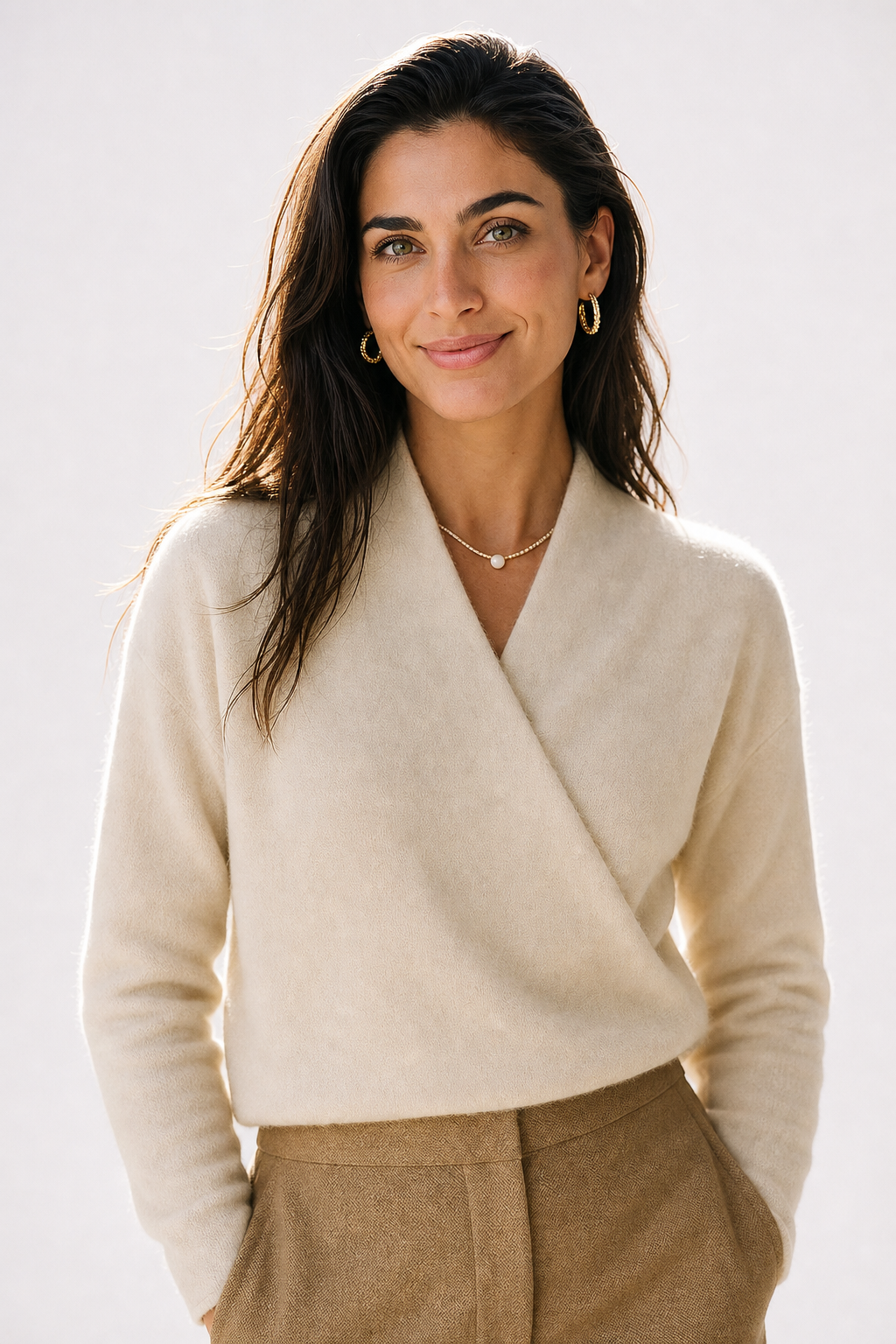 Women's V-Neck Wrap Knit Cashmere Sweater – White