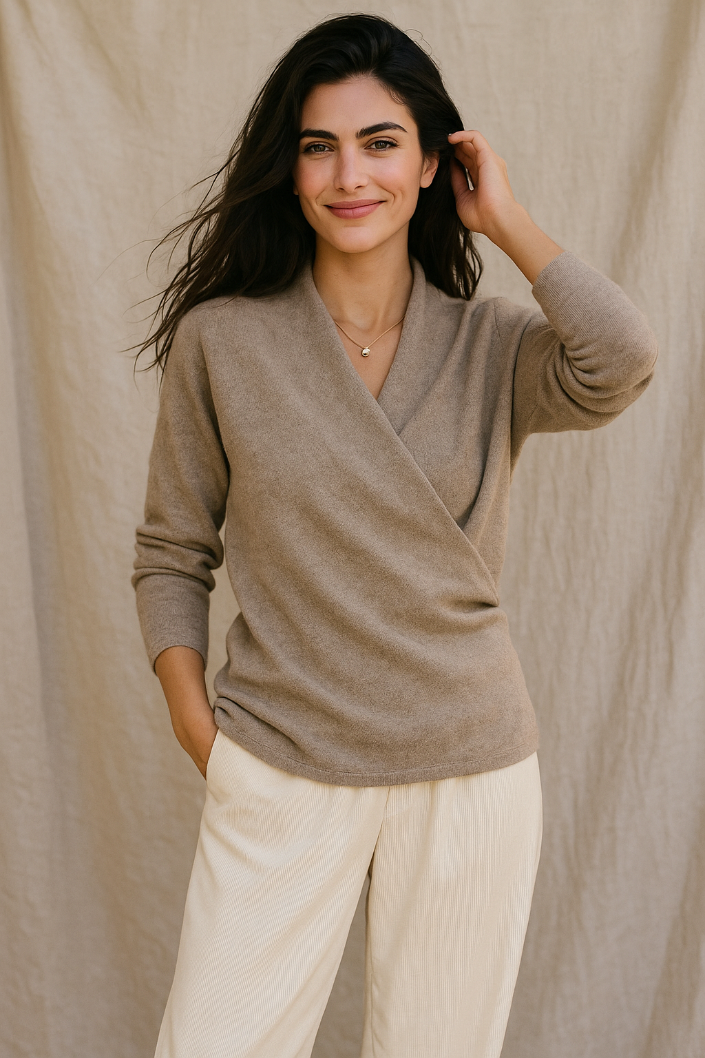 Women's V-Neck Wrap Knit Cashmere Sweater – Side view of beige V-neck wrap cashmere sweater