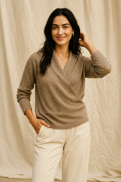 Women's V-Neck Wrap Knit Cashmere Sweater – Close-up of cashmere knit texture in beige