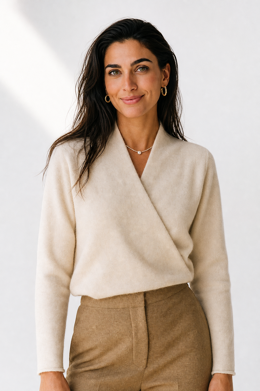 Women's V-Neck Wrap Knit Cashmere Sweater – Side view of camel V-neck wrap cashmere sweater