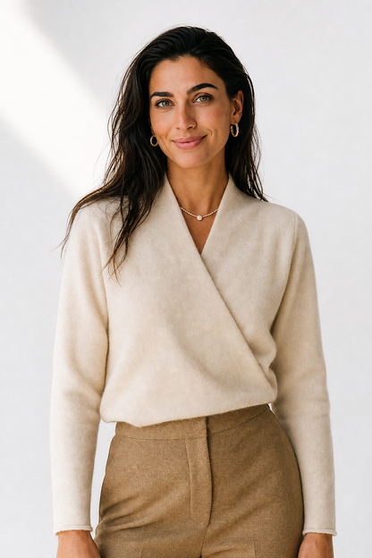 Women's V-Neck Wrap Knit Cashmere Sweater – Side view of camel V-neck wrap cashmere sweater