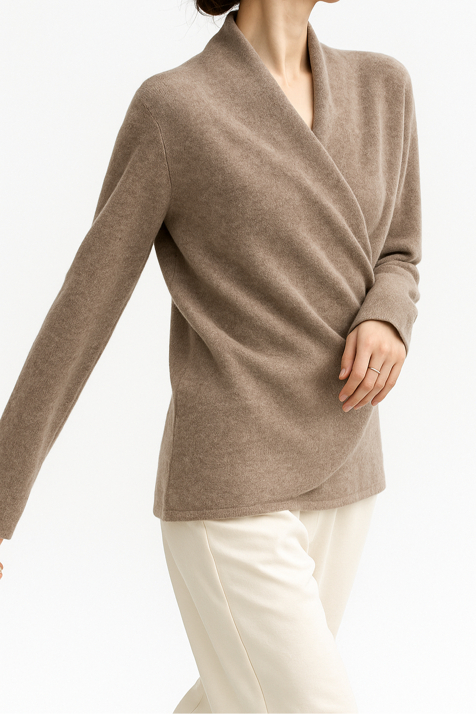 Women's V-Neck Wrap Knit Cashmere Sweater – Front view of white V-neck wrap cashmere sweater on model