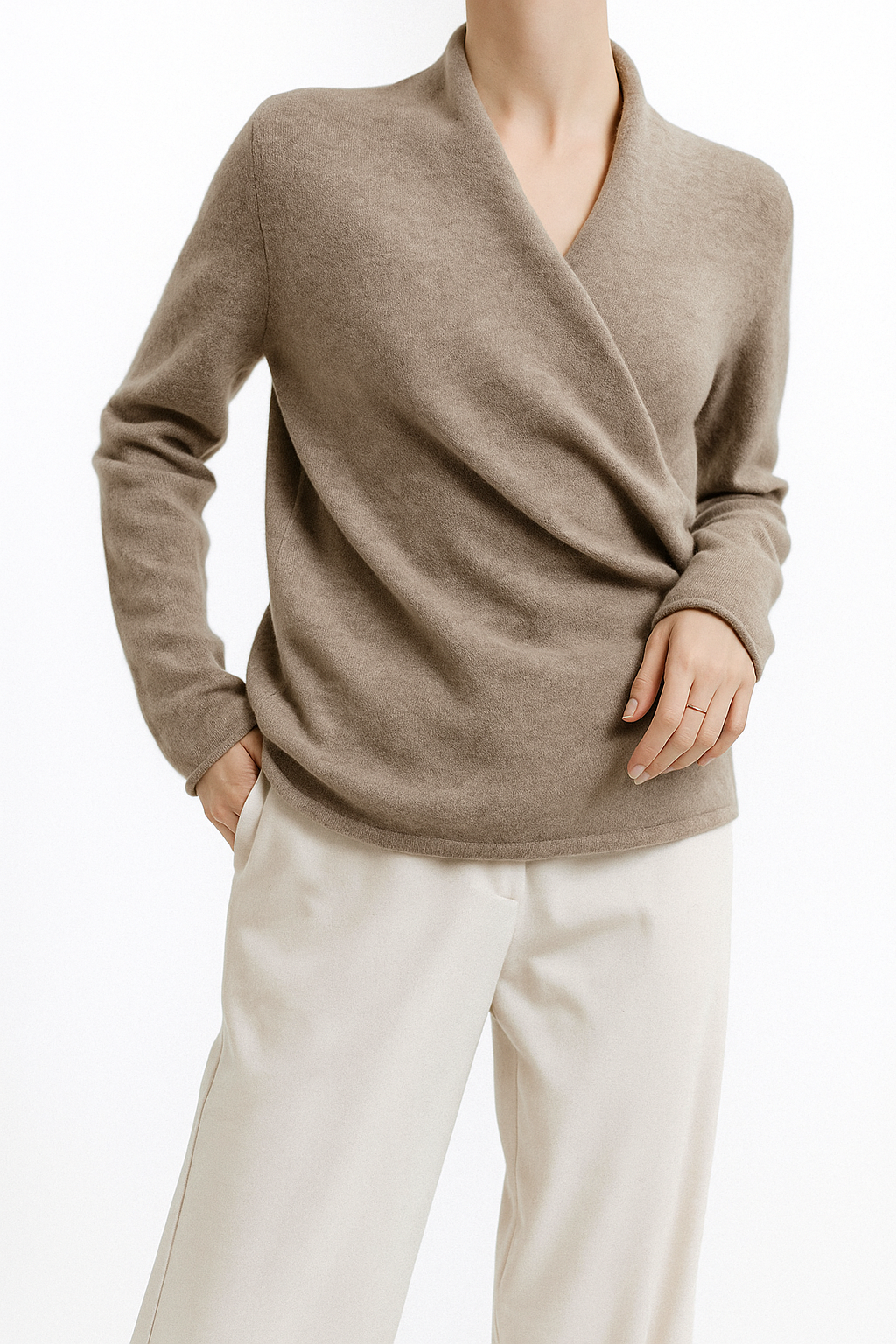 Women's V-Neck Wrap Knit Cashmere Sweater – Side view of white V-neck wrap cashmere sweater