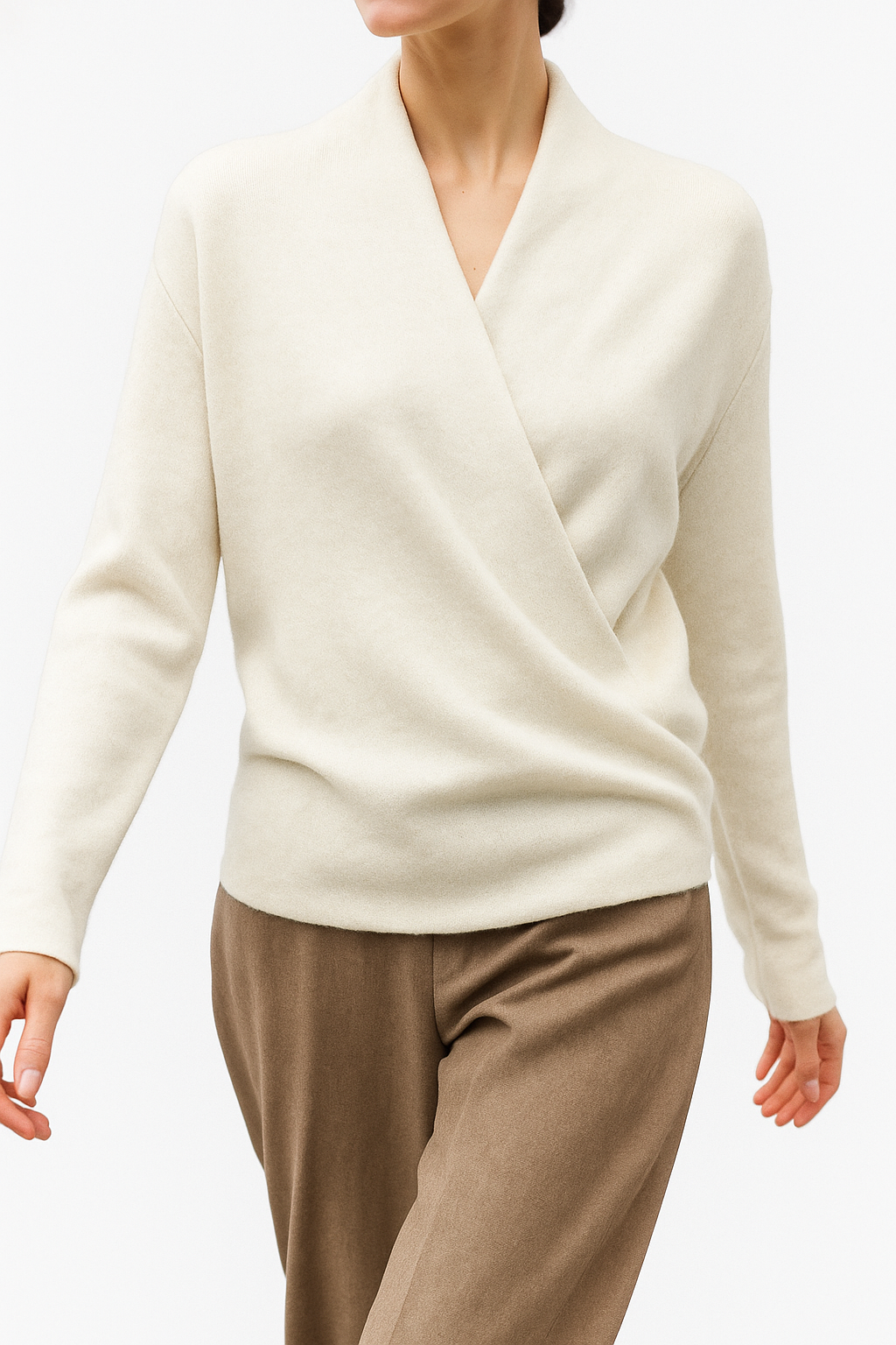 Women's V-Neck Wrap Knit Cashmere Sweater – Close-up of cashmere knit texture in white