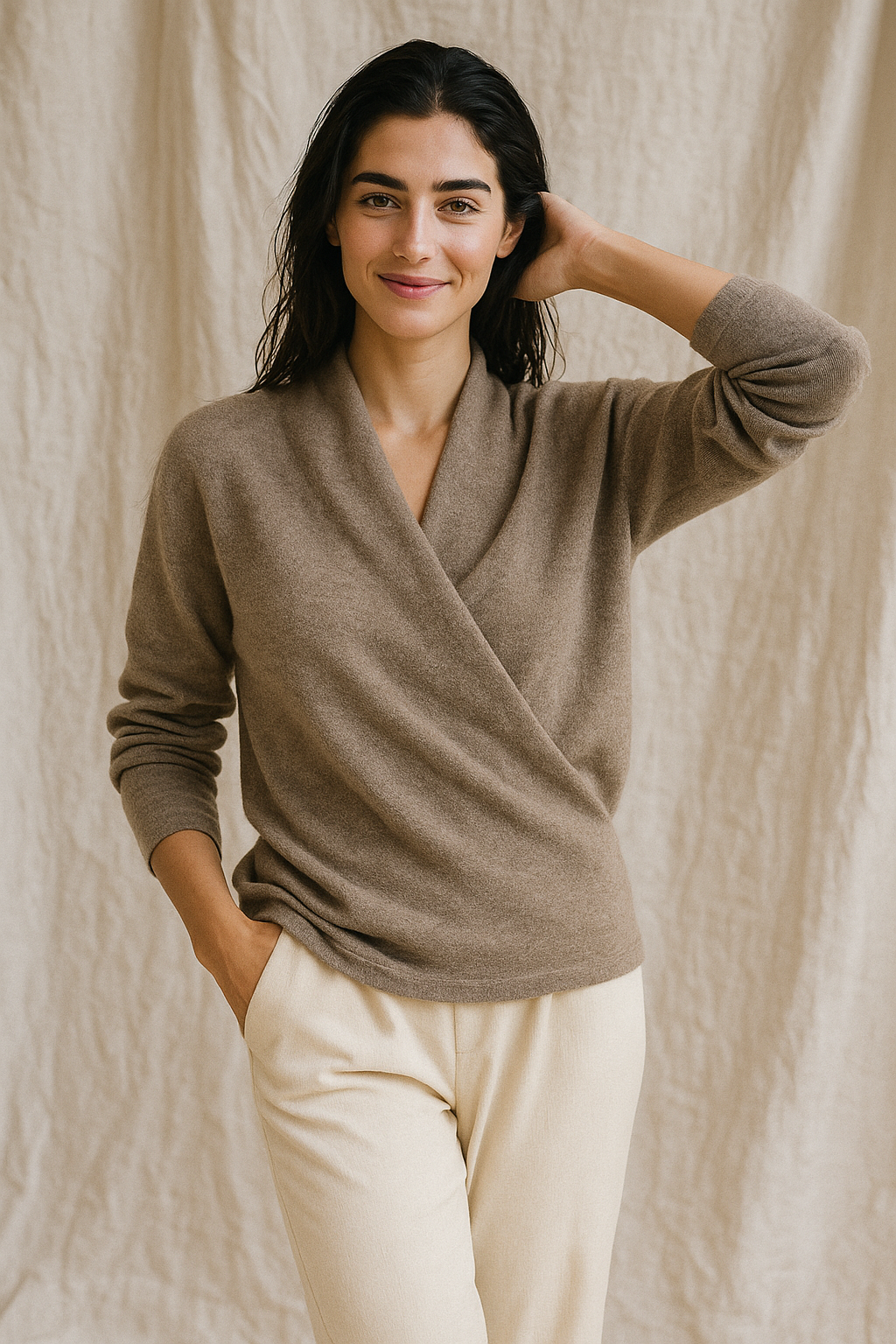 Women's V-Neck Wrap Knit Cashmere Sweater – Back view of white V-neck wrap cashmere sweater