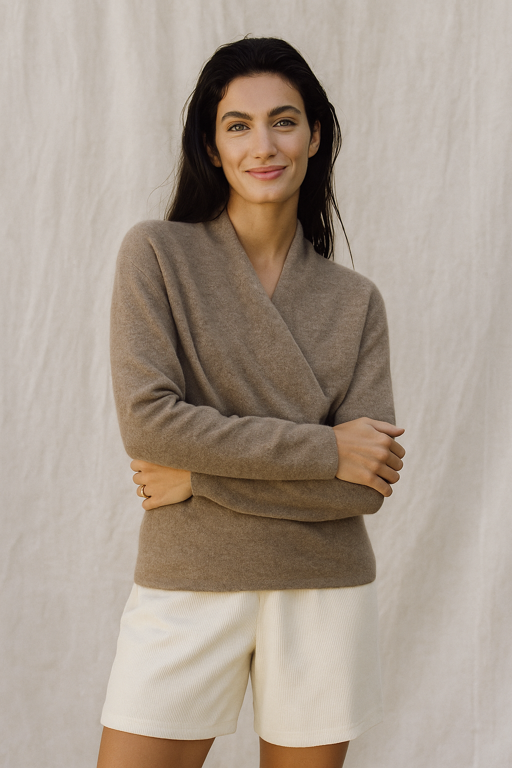 Women's V-Neck Wrap Knit Cashmere Sweater – Front view of beige V-neck wrap cashmere sweater on model