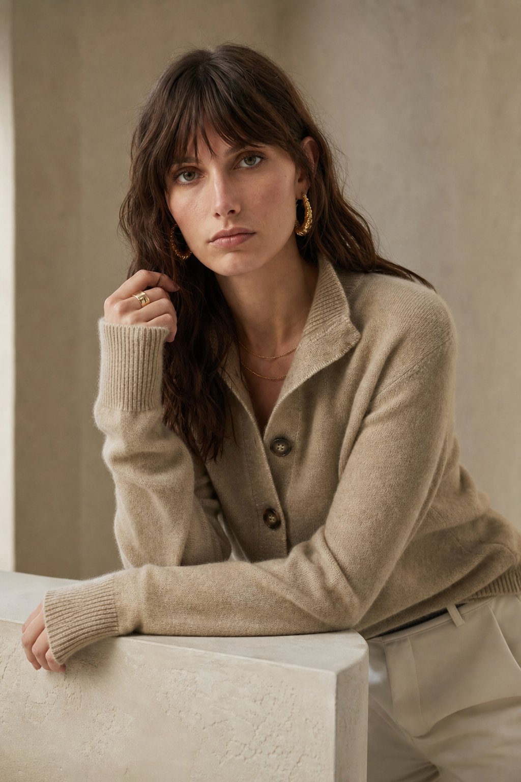 Women's Warm Cardigan with Bold Buttons & Half-High Neck – Camel