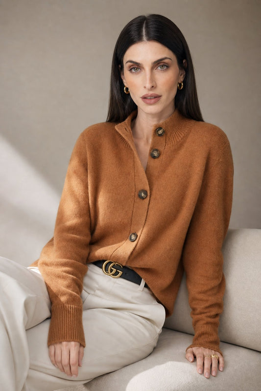 Women's Warm Cardigan with Bold Buttons & Half-High Neck – Fire Orange