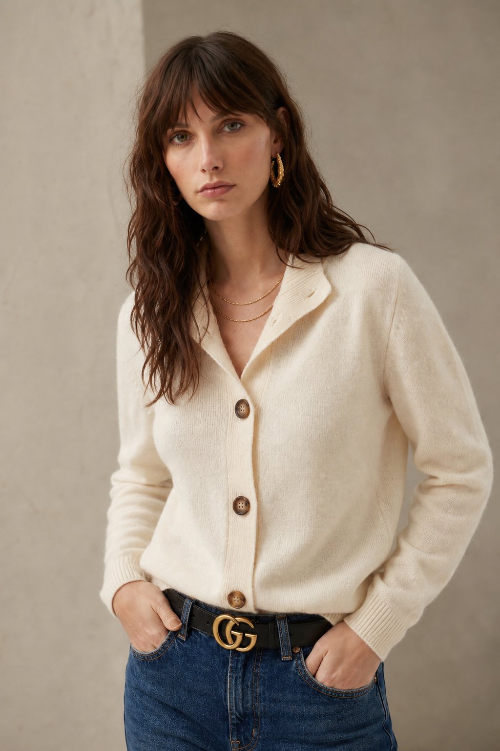 Women's Warm Cardigan with Bold Buttons & Half-High Neck – Ivory