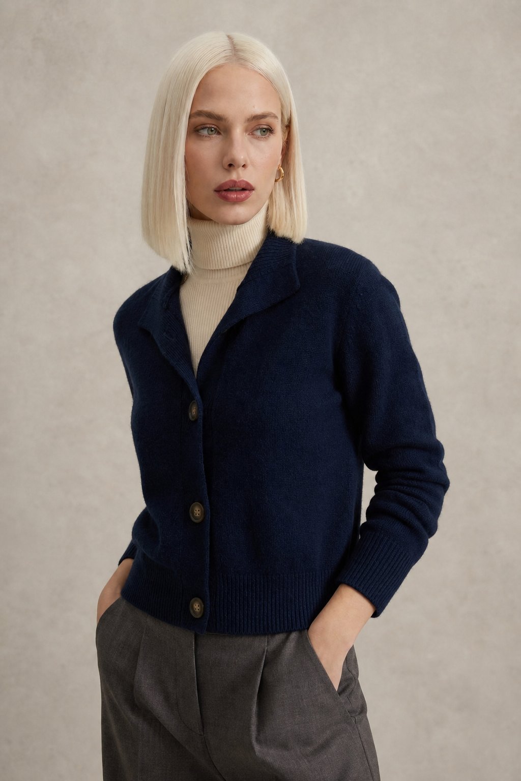 Women's Warm Cardigan with Bold Buttons & Half-High Neck – Navy