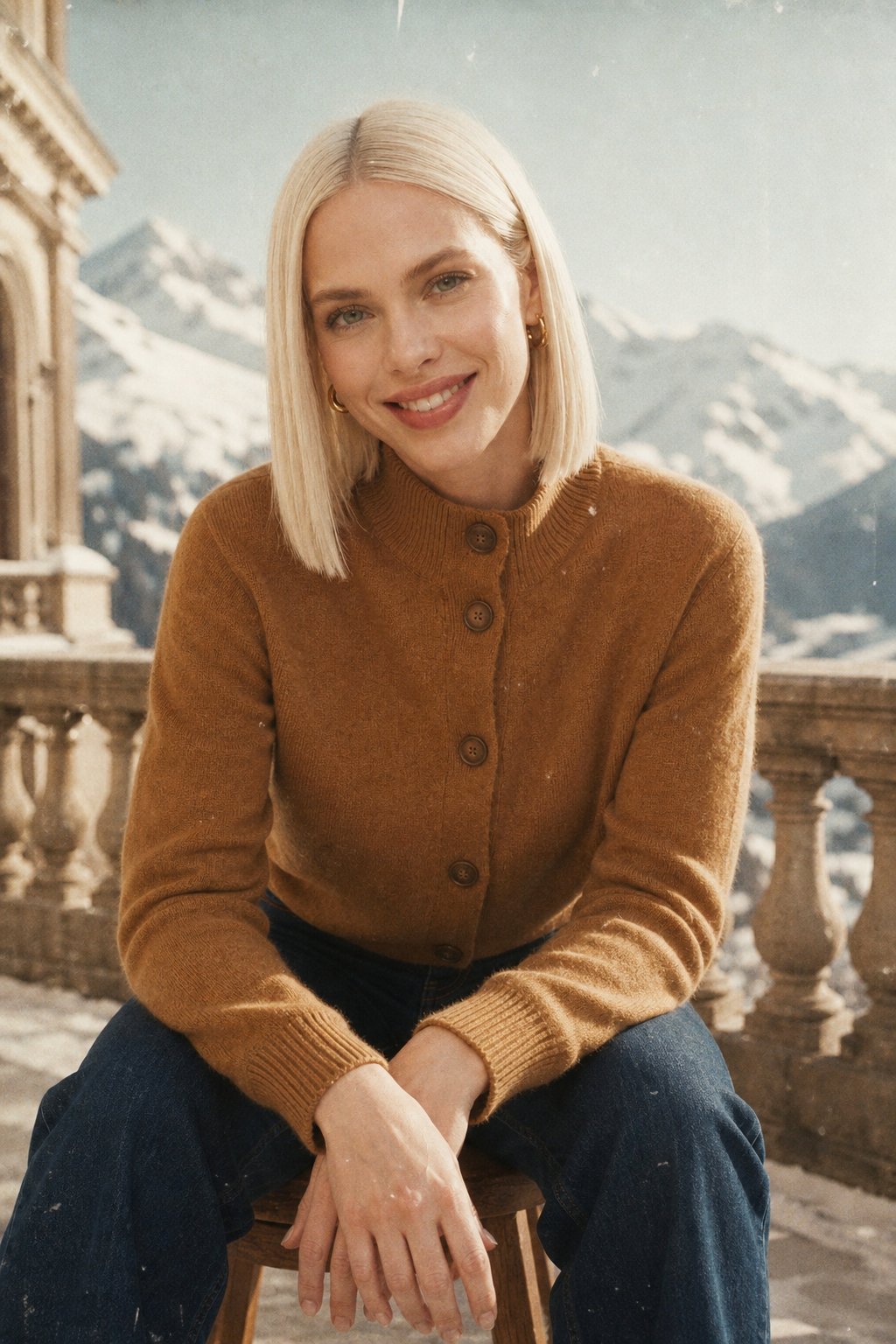 Women's Warm Cardigan with Bold Buttons & Half-High Neck – Close-up of half-high neckline detail on Ivory cardigan