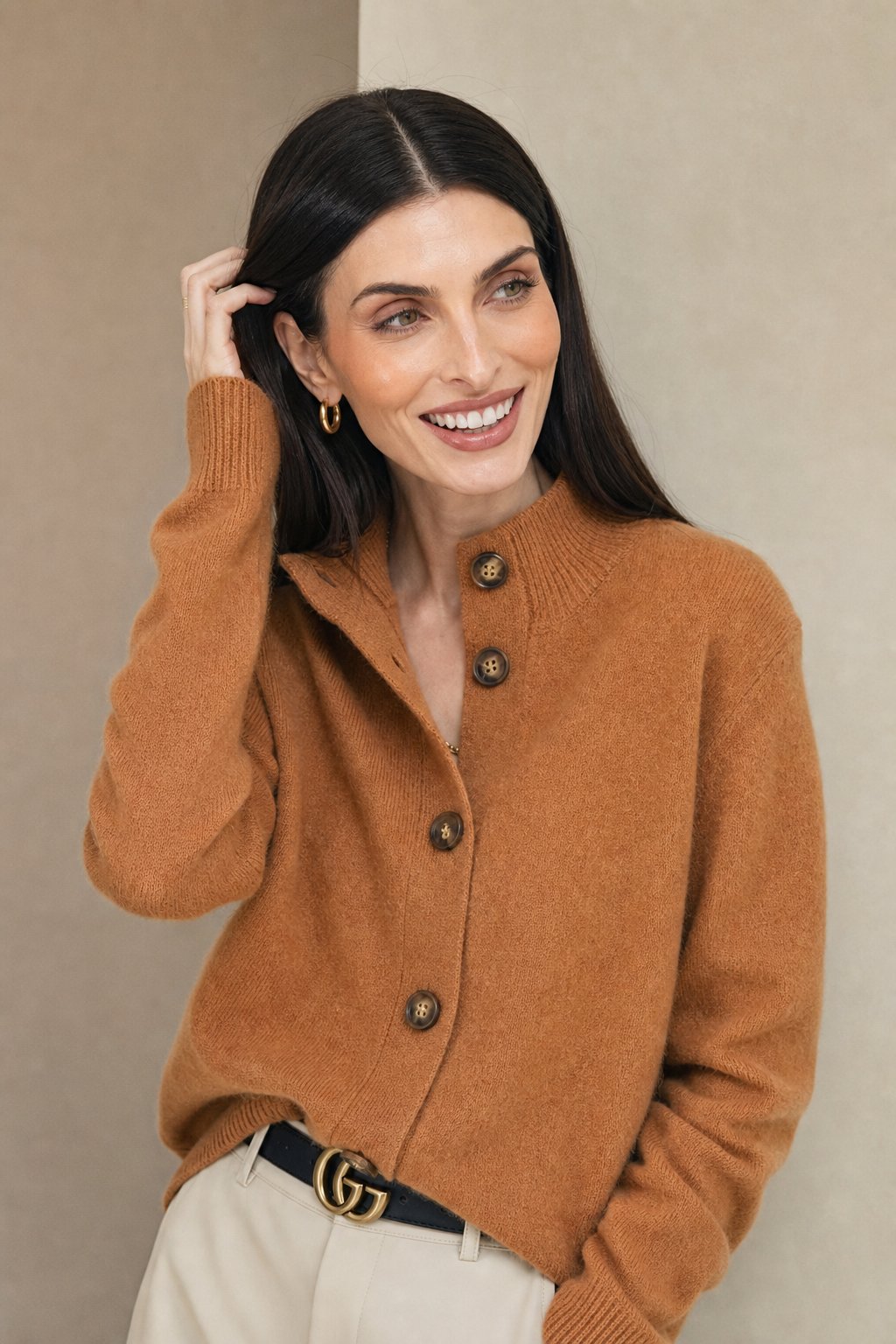 Women's Warm Cardigan with Bold Buttons & Half-High Neck – Side profile of cardigan showing half-high neckline detail