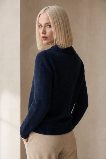 Women's Warm Cardigan with Bold Buttons & Half-High Neck – Full-length front view of cardigan in Navy colorway