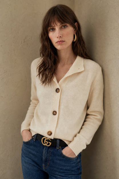 Women's Warm Cardigan with Bold Buttons & Half-High Neck – Front view of Camel cardigan with buttons fastened