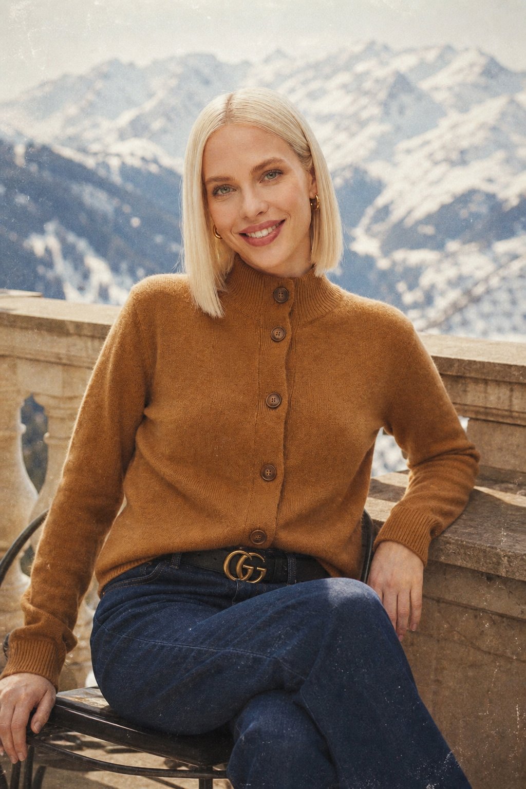 Women's Warm Cardigan with Bold Buttons & Half-High Neck – Back view of Camel cardigan
