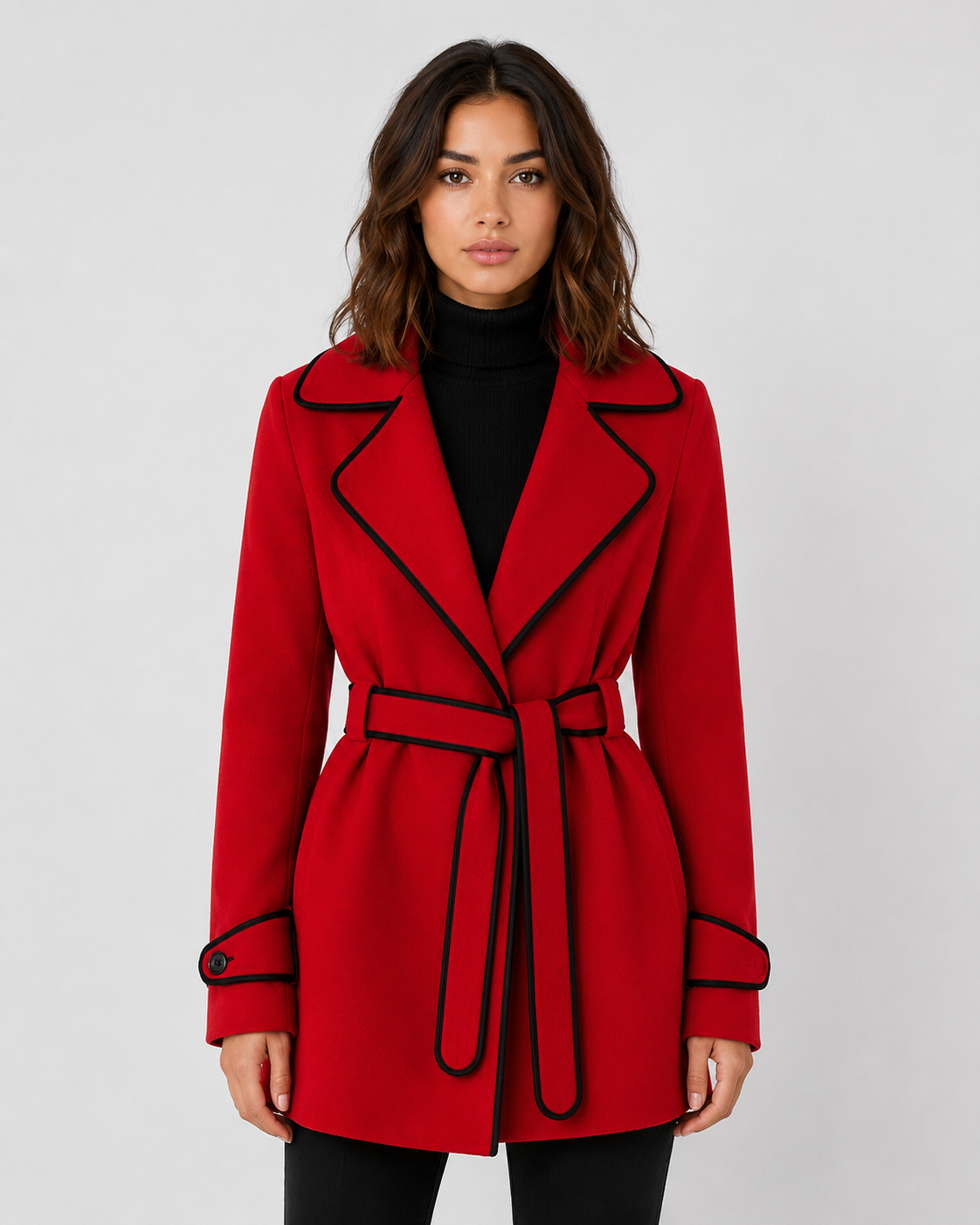 Women's Wool Blend A-Line Coat with Contrast Piping