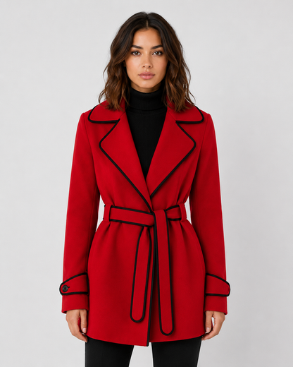 Women's Wool Blend A-Line Coat with Contrast Piping