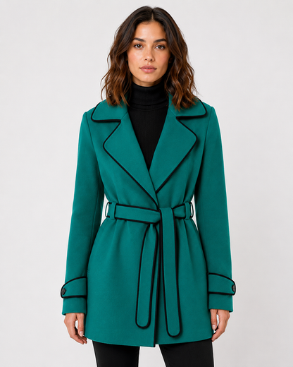 Women's Wool Blend A-Line Coat with Contrast Piping