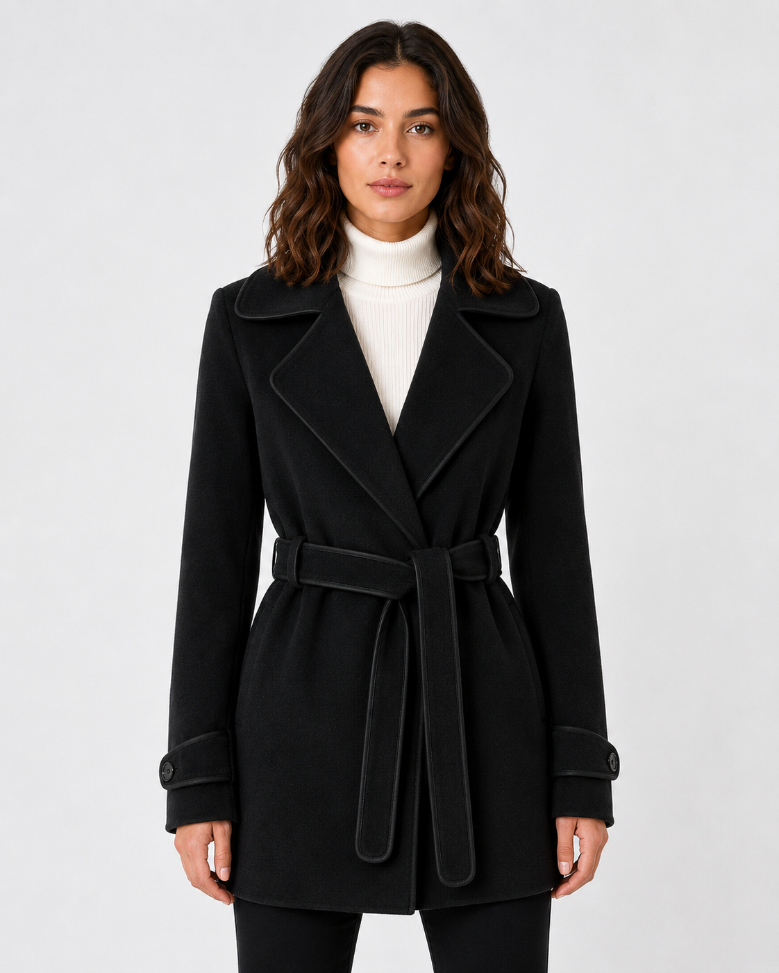 Women's Wool Blend A-Line Coat with Contrast Piping