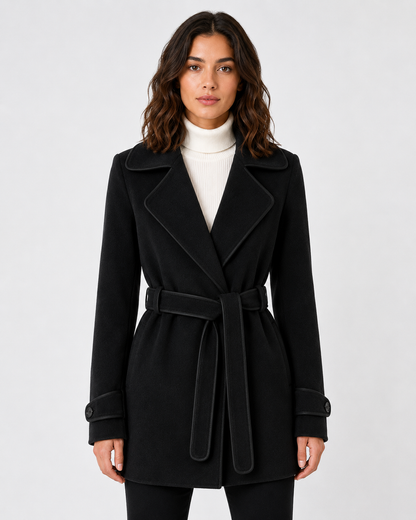 Women's Wool Blend A-Line Coat with Contrast Piping