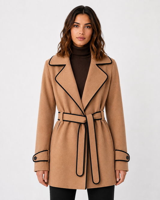Women's Wool Blend A-Line Coat with Contrast Piping